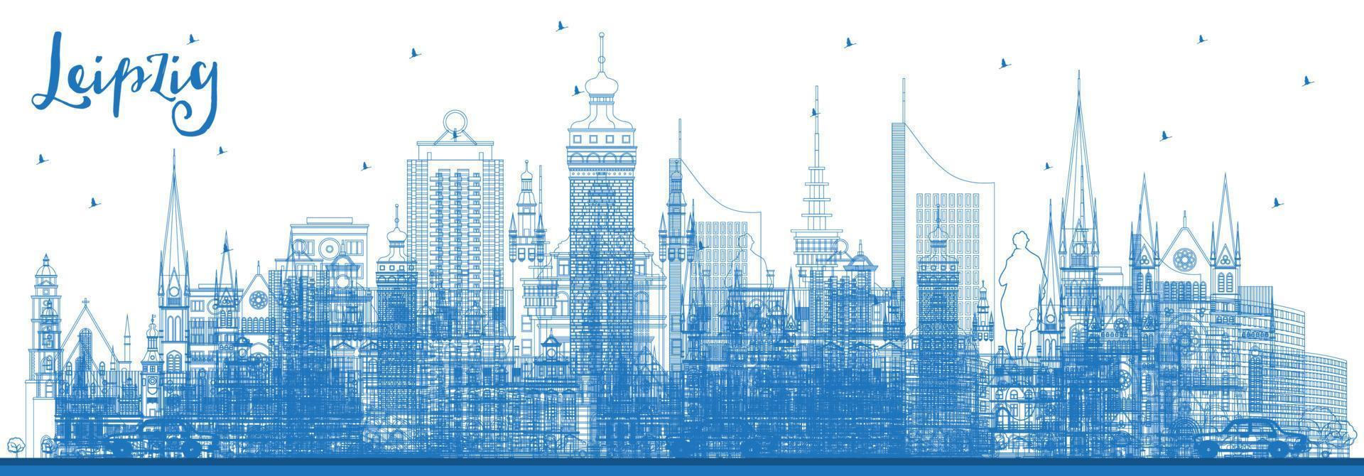 Outline Leipzig Germany City Skyline with Blue Buildings. vector