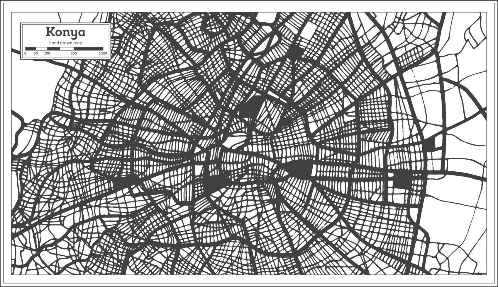 mapa de la ciudad de konya turquía en color blanco y negro en estilo retro. esquema del mapa. vector