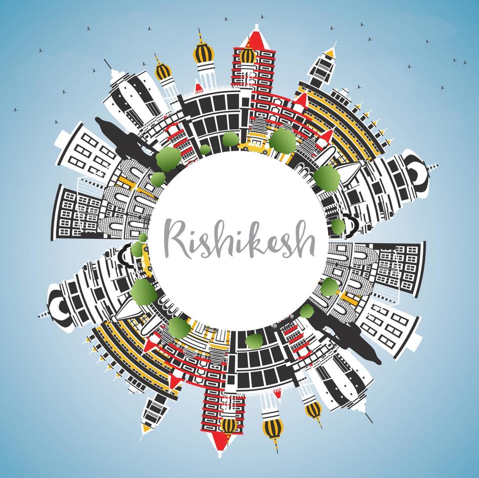 Rishikesh India City Skyline with Color Buildings, Blue Sky and Copy Space. vector