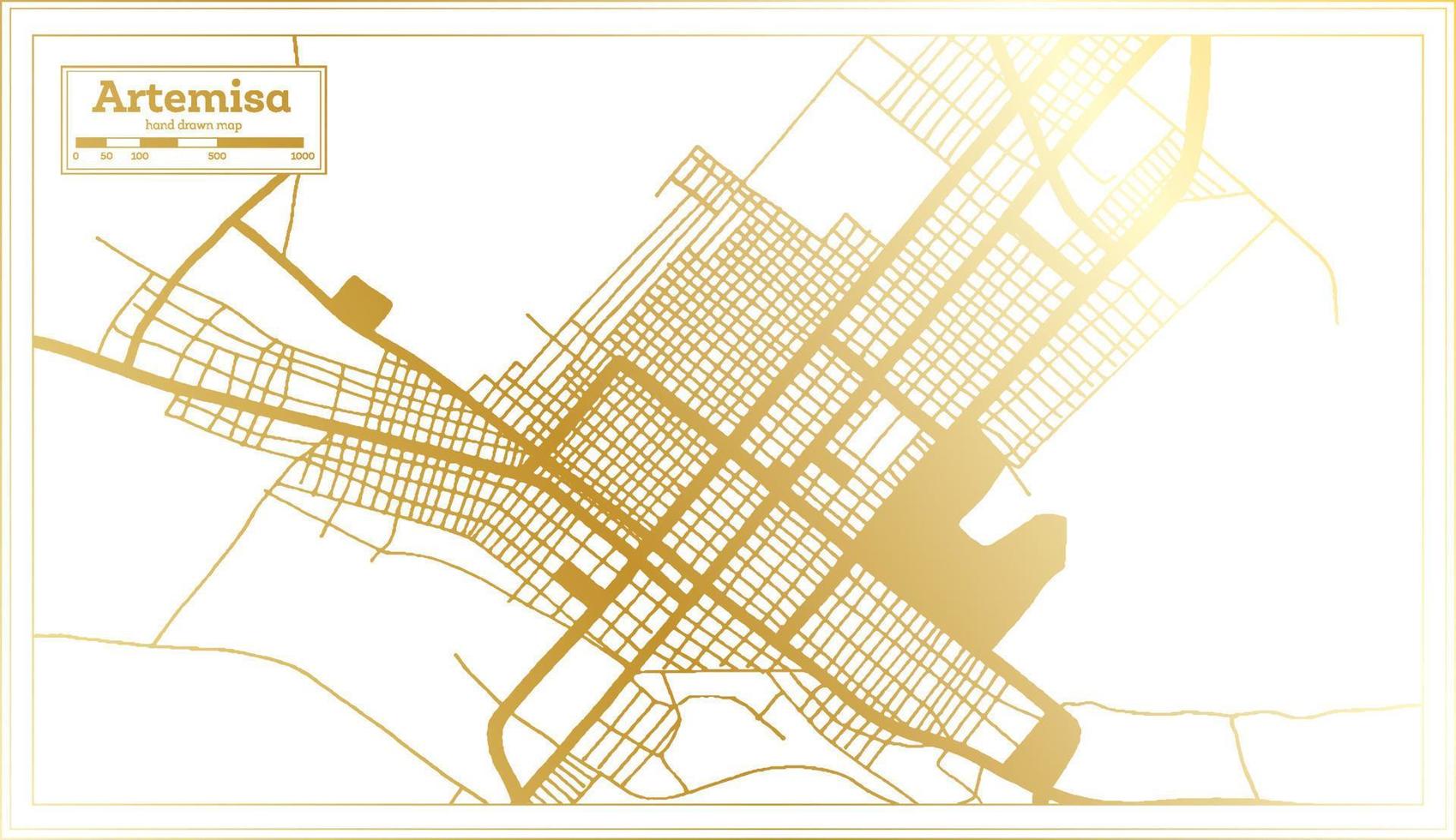 mapa de la ciudad de artemisa cuba en estilo retro en color dorado. esquema del mapa. vector