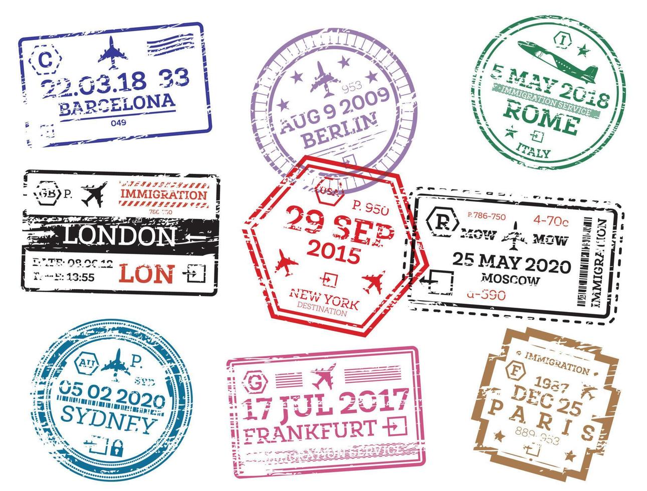 Collection of Passport Stamps Isolated on White. vector