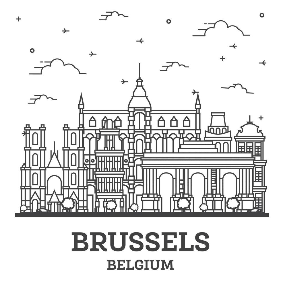 delinear el horizonte de la ciudad de bruselas bélgica con edificios históricos aislados en blanco. vector