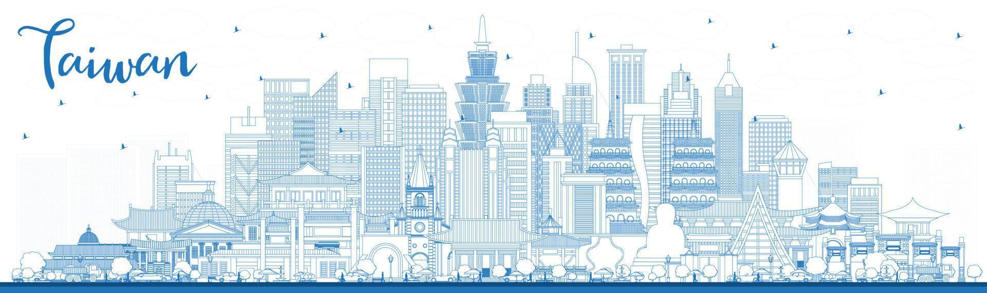 Outline Taiwan City Skyline with Blue Buildings. vector