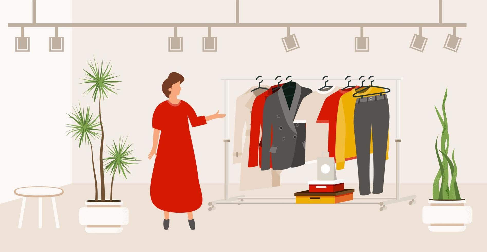 Modern Fashion Clothes Store. Boutique Interior with Clothers on Hangers. Showroom in Flat Design Style. vector