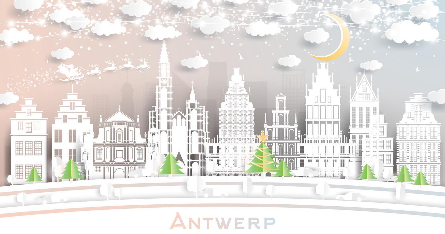 Antwerp Belgium City Skyline in Paper Cut Style with Snowflakes, Moon and Neon Garland. vector