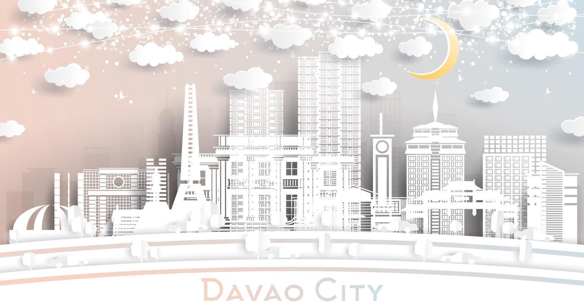 el horizonte de la ciudad de davao en filipinas en estilo de corte de papel con edificios blancos, luna y guirnaldas de neón. vector