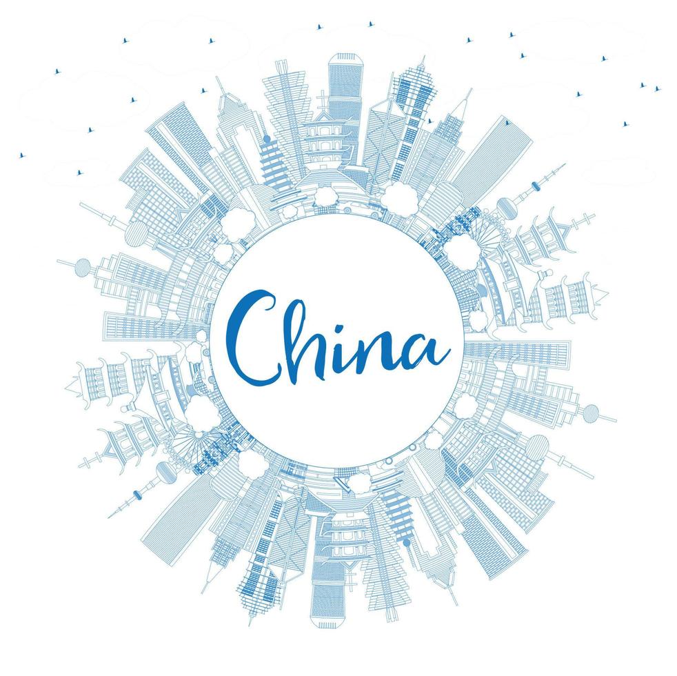 Outline China City Skyline with Blue Buildings and Copy Space. vector