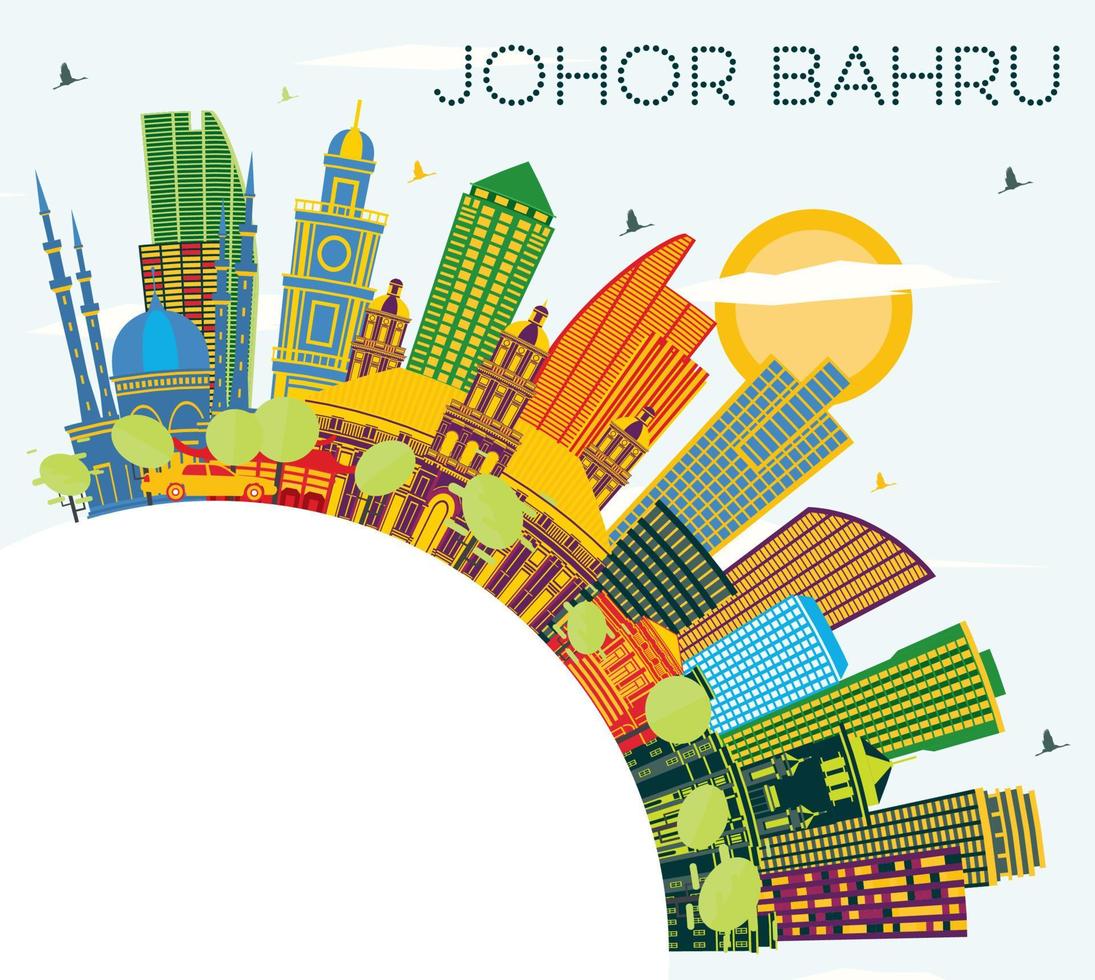 horizonte de la ciudad de johor bahru malasia con edificios de color, cielo azul y espacio para copiar. vector