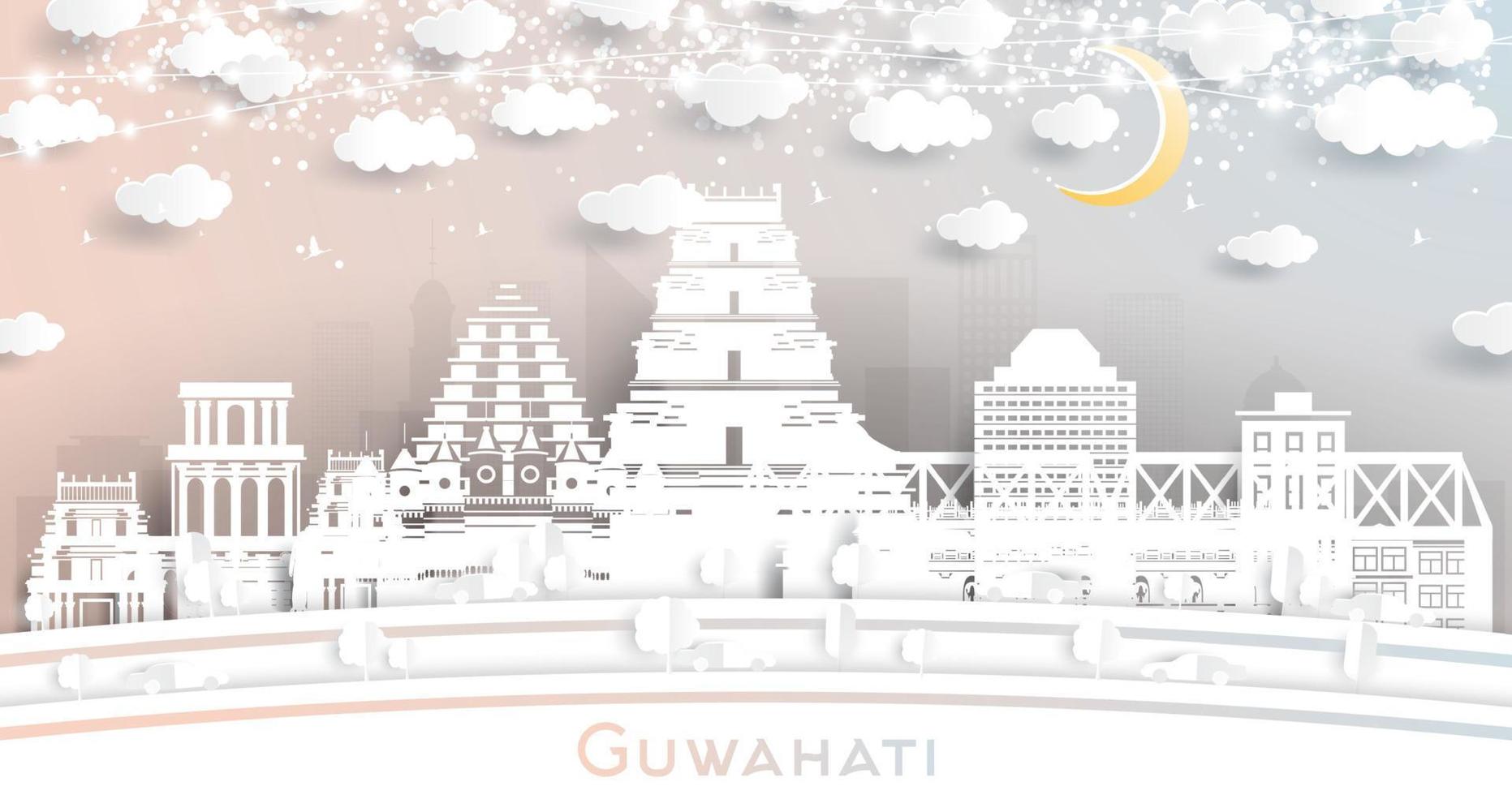 horizonte de la ciudad de guwahati india en estilo de corte de papel con edificios blancos, luna y guirnalda de neón. vector