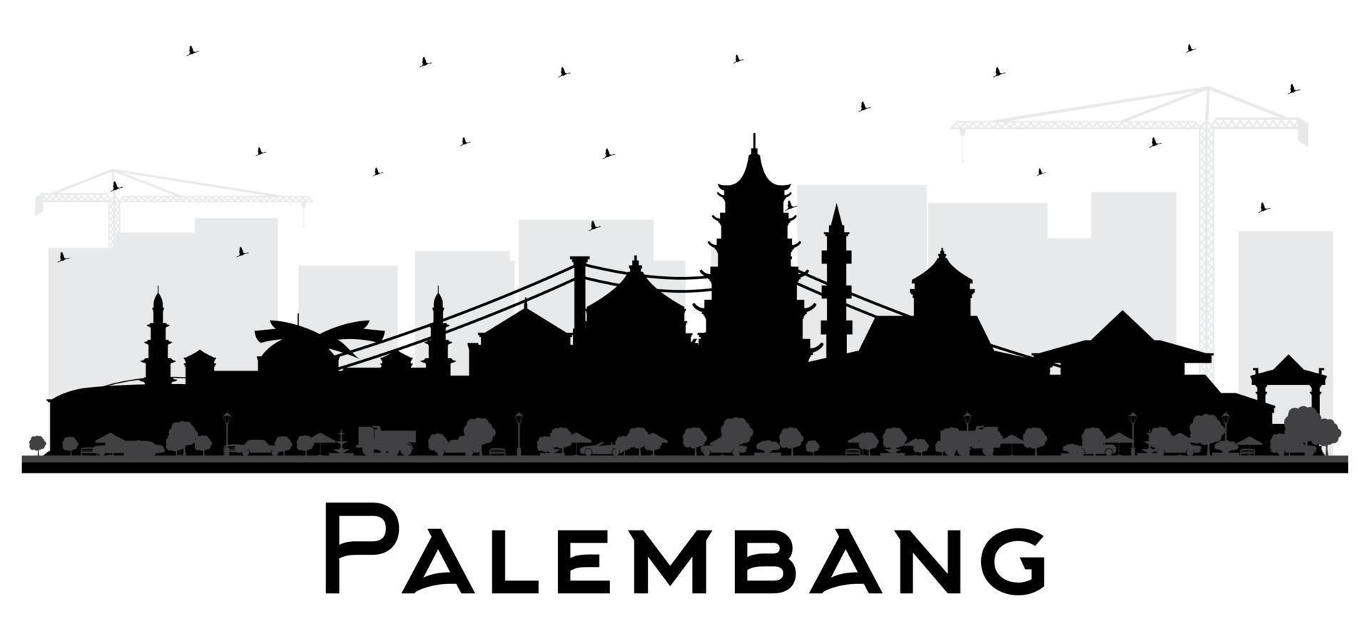 Palembang Indonesia City Skyline Silhouette with Black Buildings Isolated on White. vector