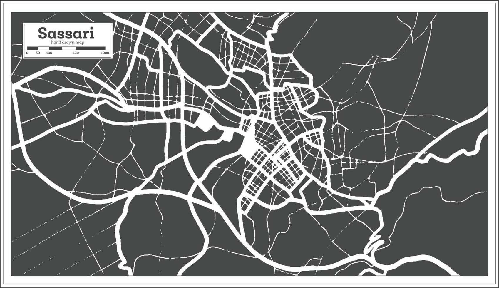 mapa de la ciudad de sassari italia en color blanco y negro en estilo retro. esquema del mapa. vector