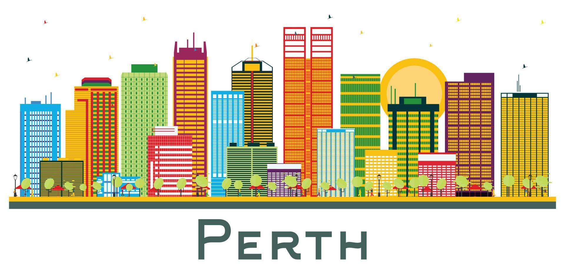 horizonte de la ciudad de perth australia con edificios de color aislados en blanco. vector