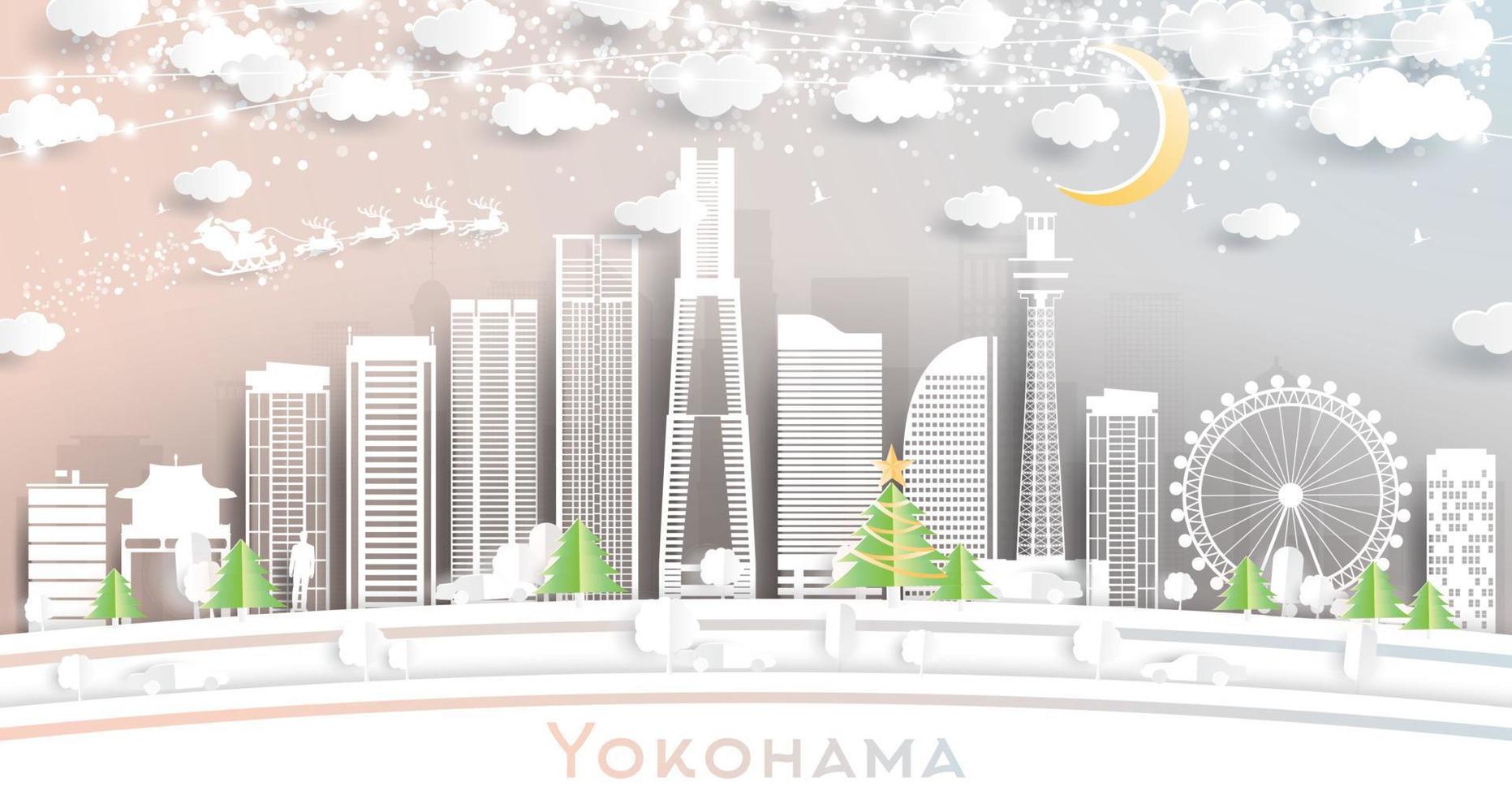 horizonte de la ciudad de yokohama japón en estilo de corte de papel con copos de nieve, luna y guirnalda de neón. vector