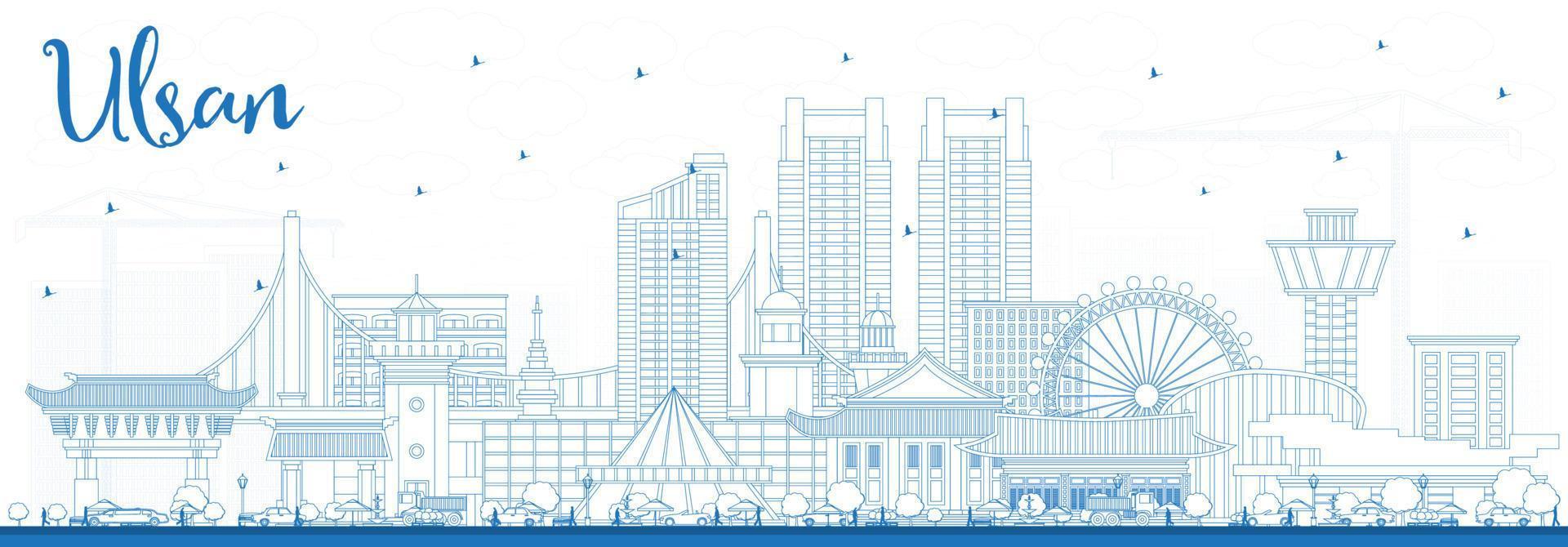 Outline Ulsan South Korea City Skyline with Blue Buildings. vector