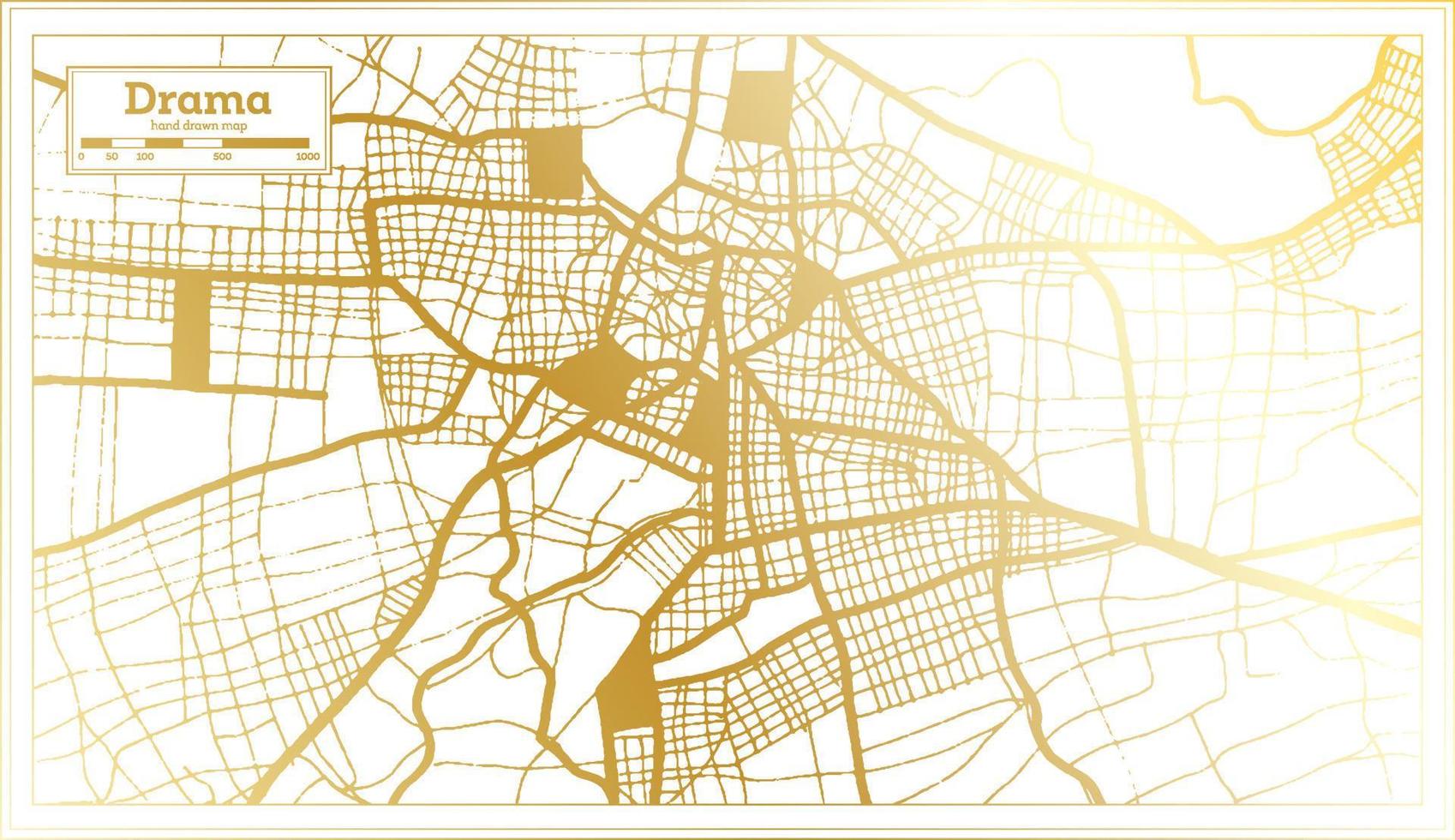 drama mapa de la ciudad de grecia en estilo retro en color dorado. esquema del mapa. vector