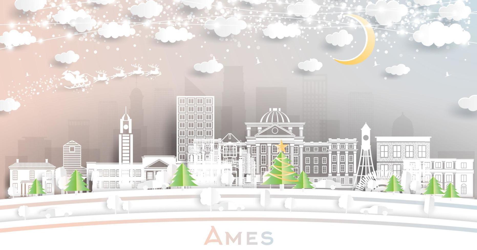 Ames Iowa City Skyline in Paper Cut Style with Snowflakes, Moon and Neon Garland. vector