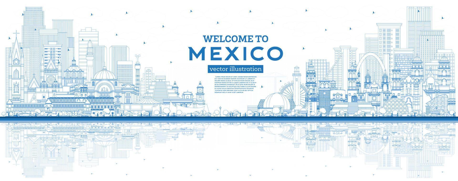 esquema bienvenido al horizonte de la ciudad de méxico con edificios azules y reflejos. vector