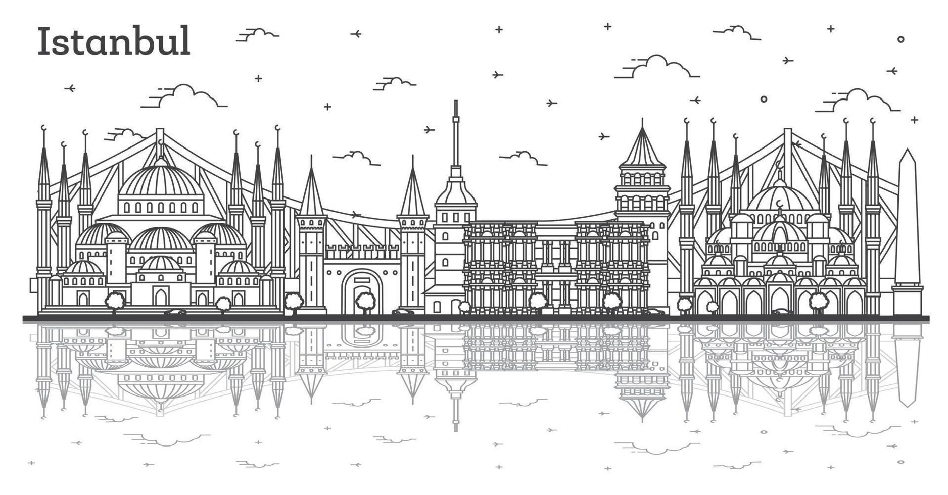 Outline Istanbul Turkey City Skyline with Reflections and Historic Buildings Isolated on White. vector