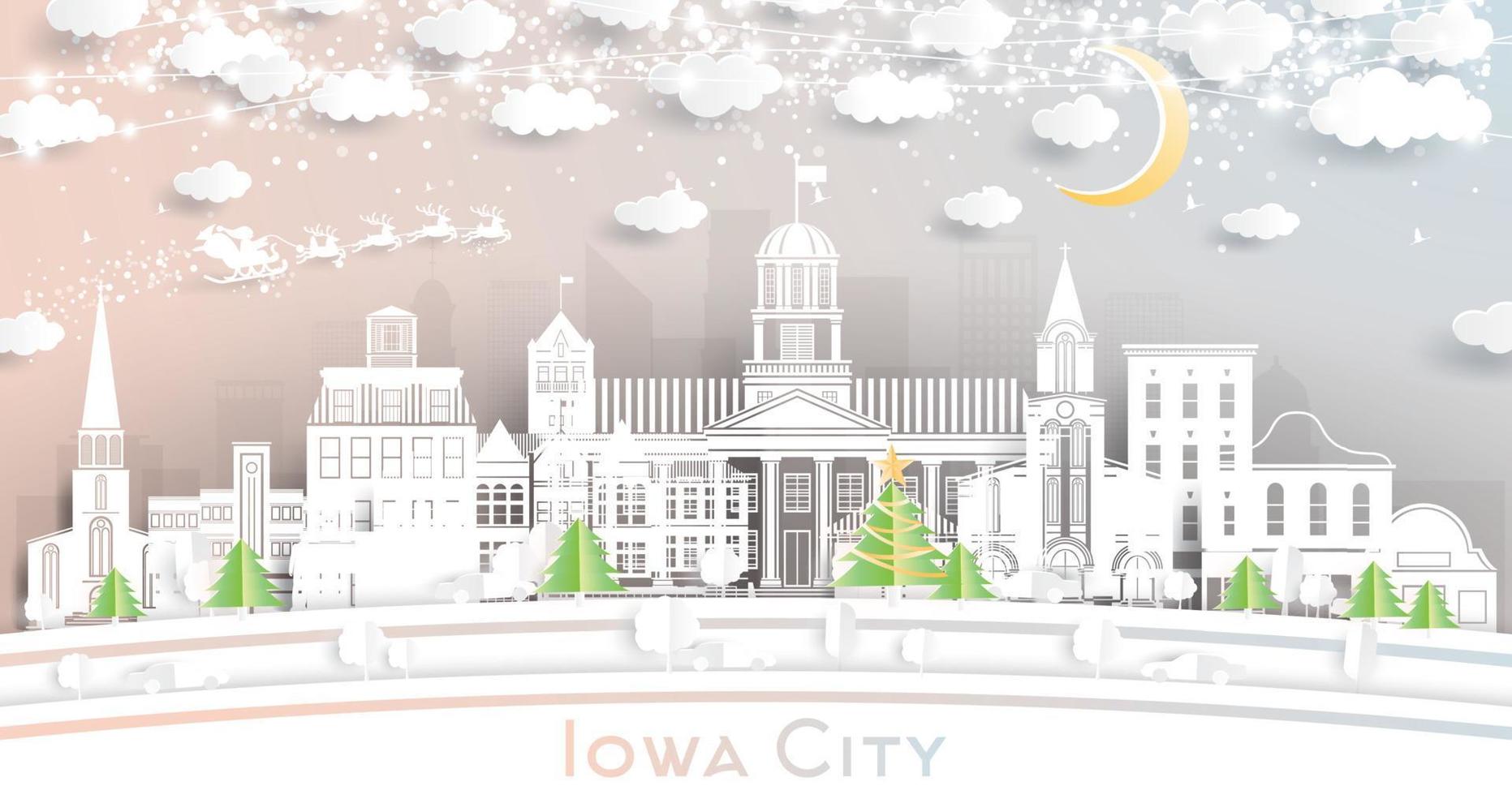 Iowa City Skyline in Paper Cut Style with Snowflakes, Moon and Neon Garland. vector