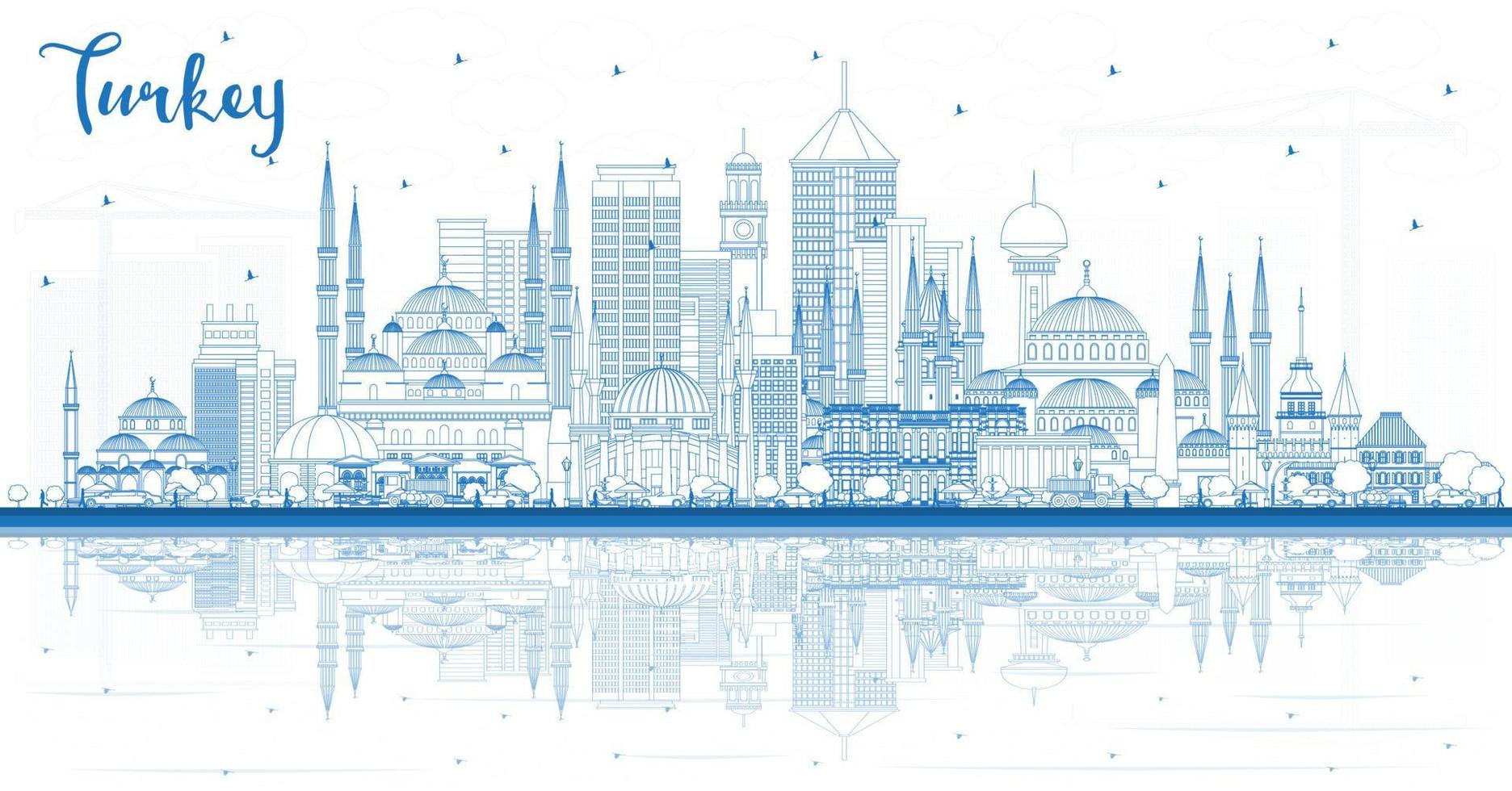 Outline Turkey City Skyline with Blue Buildings and Reflections. vector