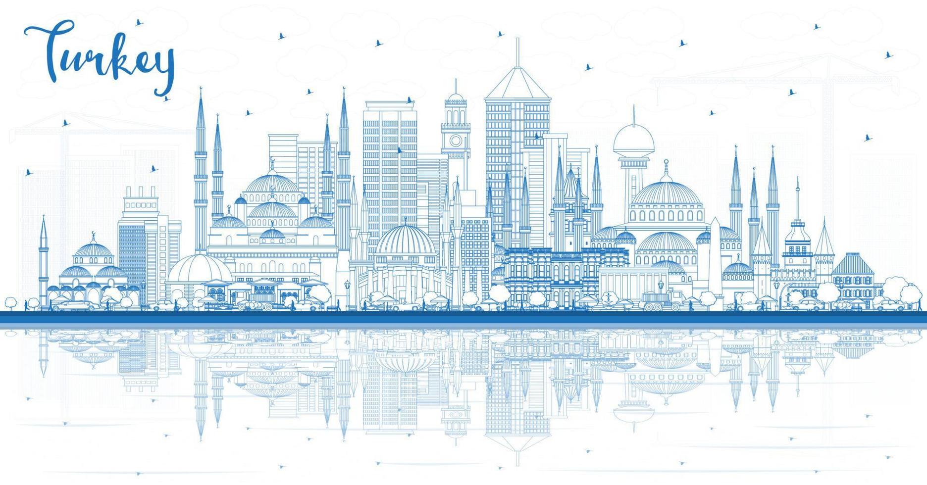 Outline Turkey City Skyline with Blue Buildings and Reflections. vector