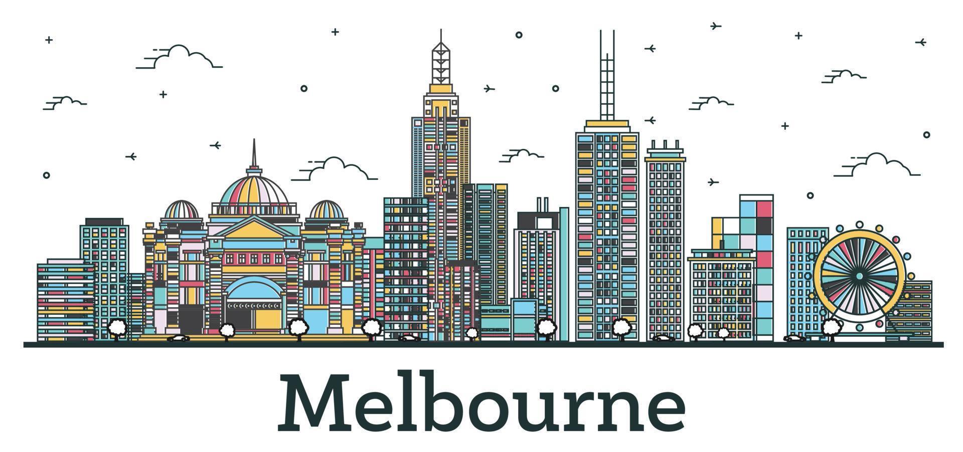 delinear el horizonte de la ciudad de melbourne, australia, con edificios de color aislados en blanco. vector