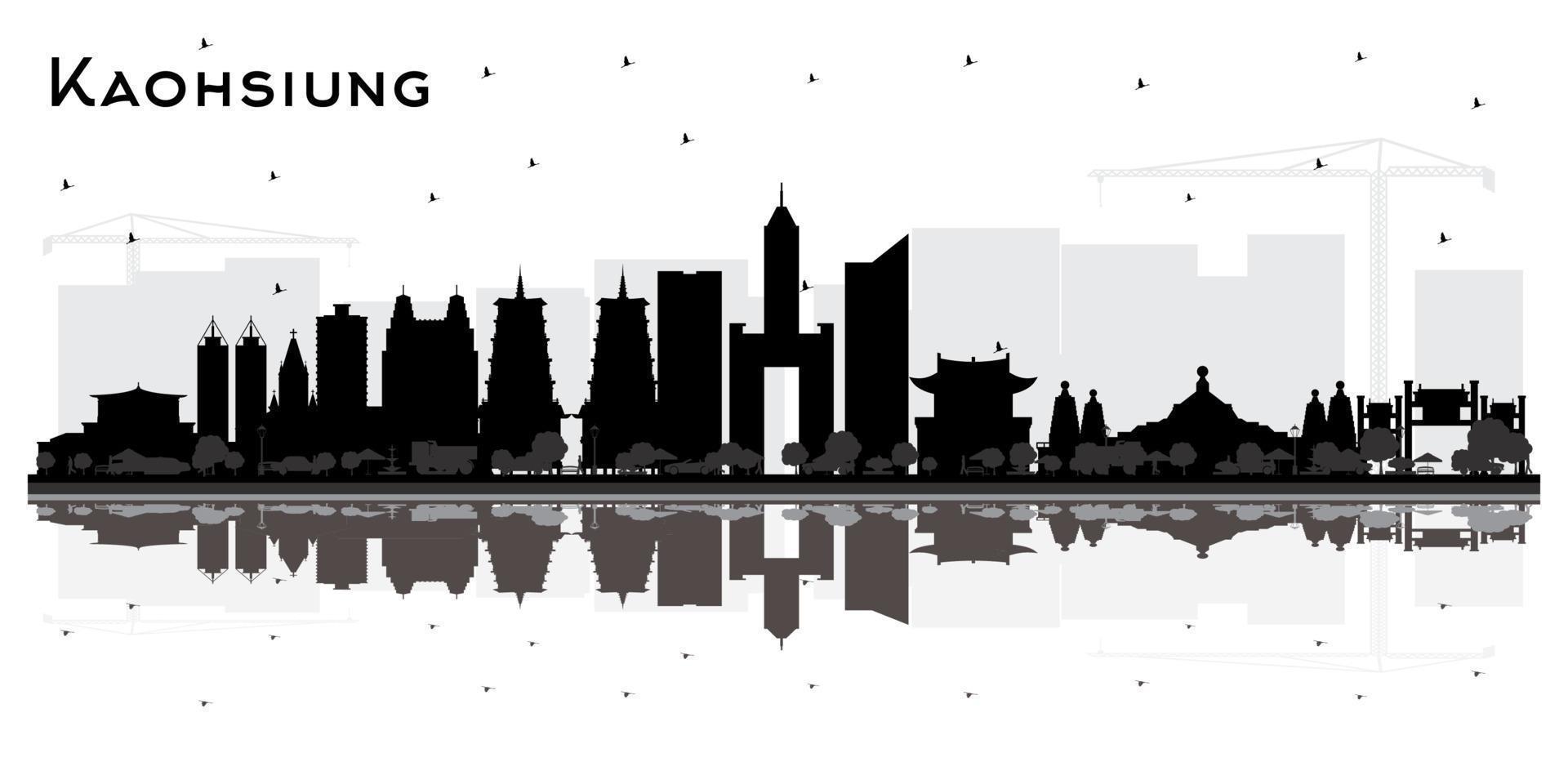 Kaohsiung Taiwan City Skyline Silhouette with Black Buildings and Reflections Isolated on White. vector
