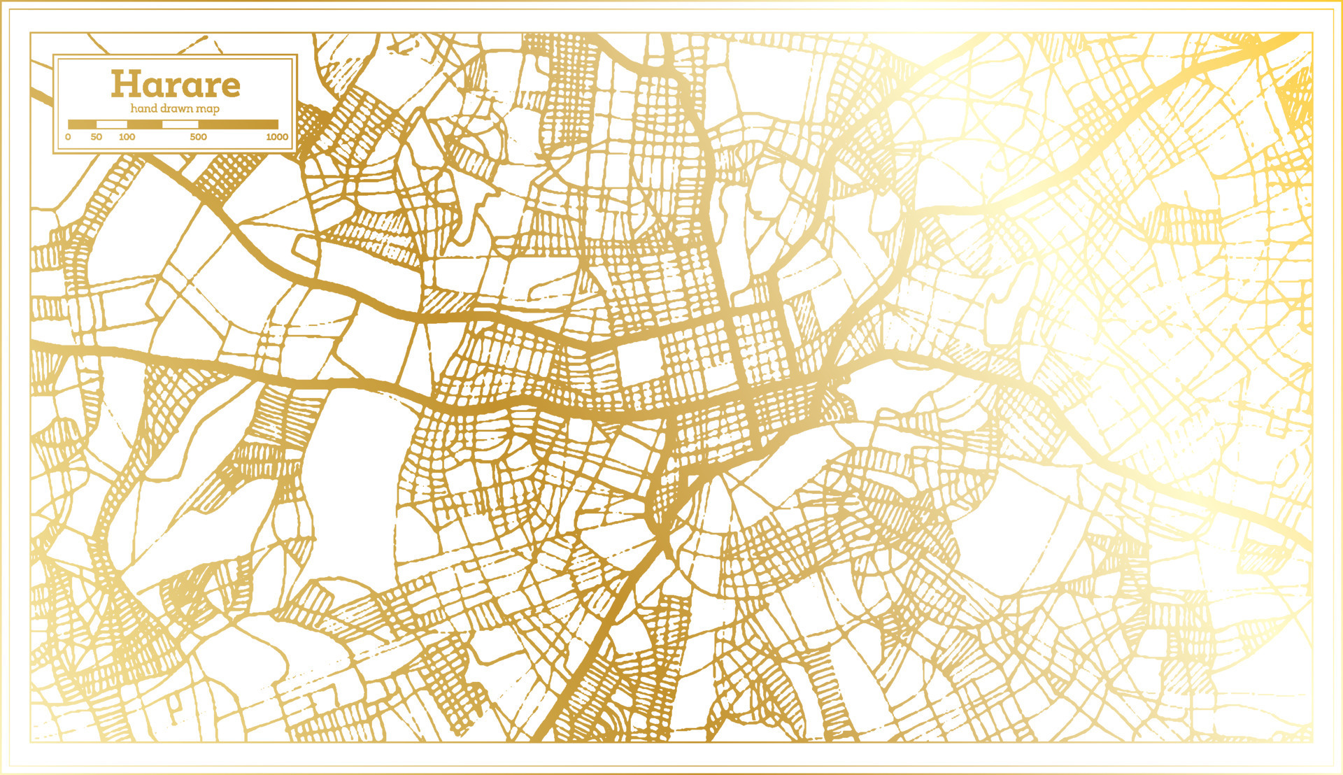 Harare Zimbabwe City Map in Retro Style in Golden Color. Outline Map