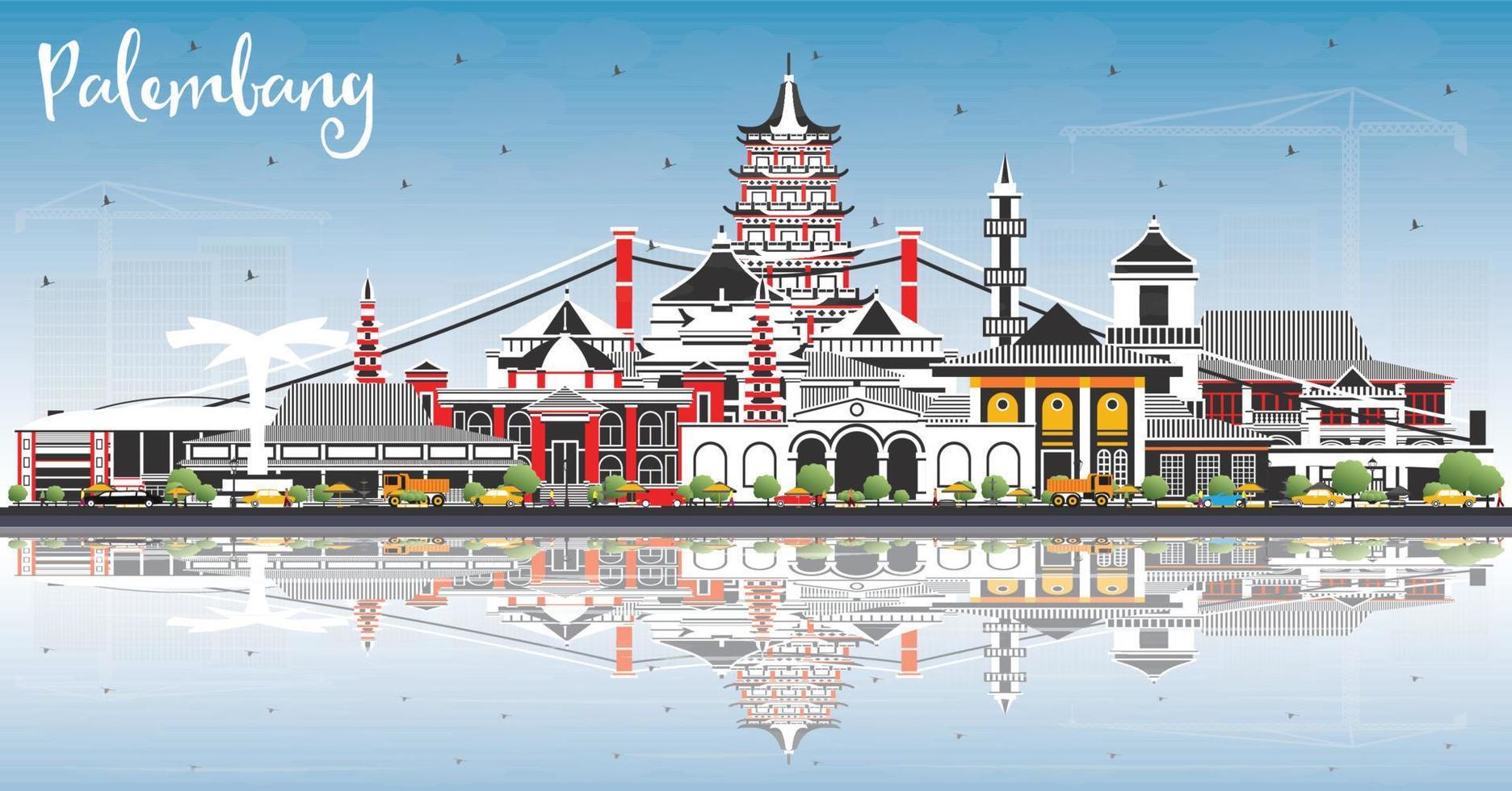 horizonte de la ciudad de palembang indonesia con edificios grises, cielo azul y reflejos. vector