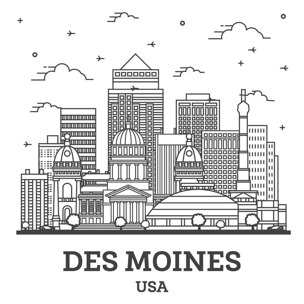 Outline Des Moines Iowa City Skyline with Modern Buildings Isolated on White. vector