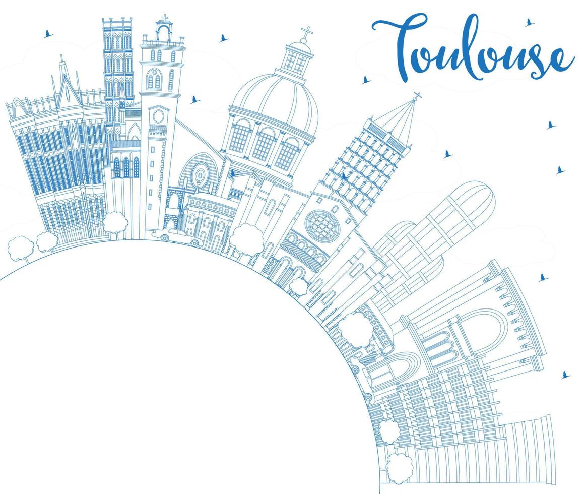 Outline Toulouse France City Skyline with Blue Buildings and Copy Space. vector
