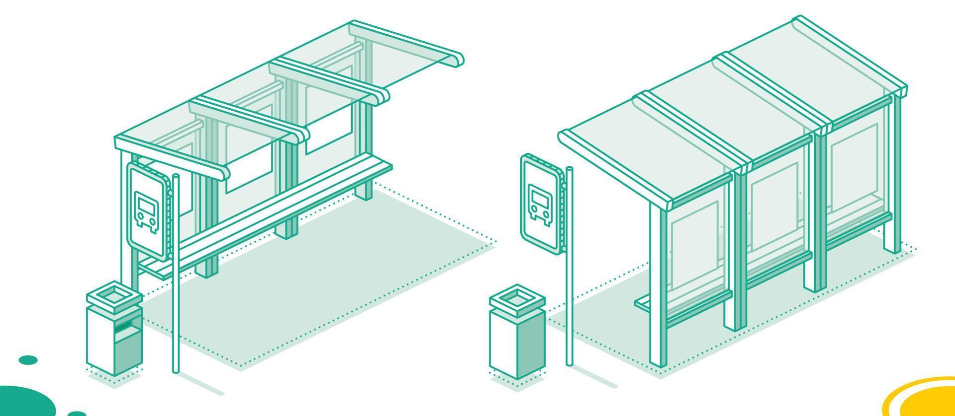 Isometric Bus Stop. Outline Concept Isolated on White. Front and Back View. vector