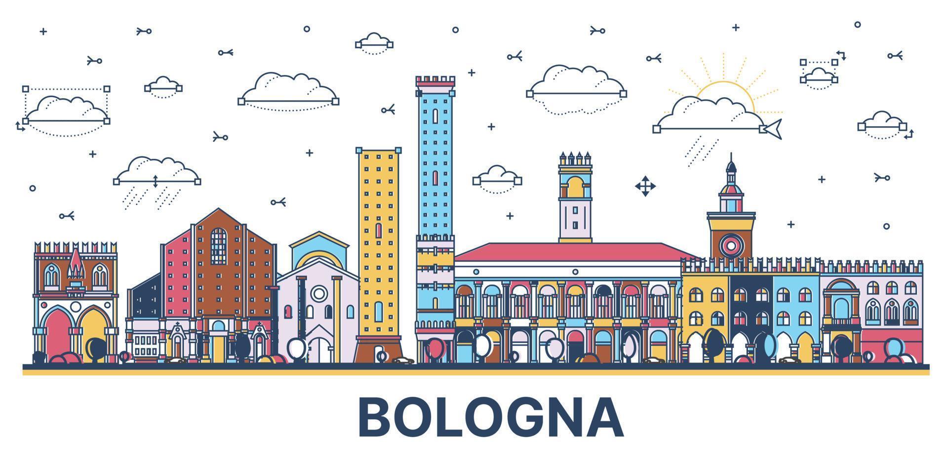 delinear el horizonte de la ciudad de Bolonia, Italia, con edificios históricos de colores aislados en blanco. vector