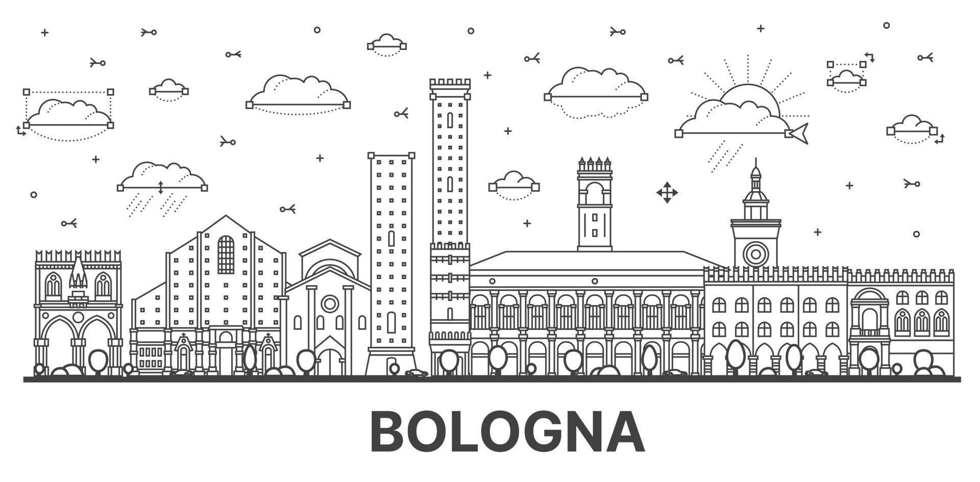 delinear el horizonte de la ciudad de Bolonia, Italia, con edificios históricos aislados en blanco. vector