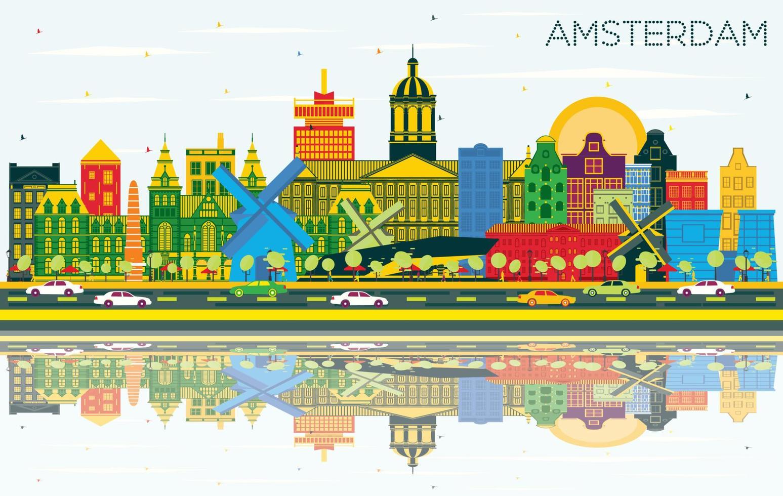 Amsterdam Holland City Skyline with Color Buildings, Blue Sky and Reflections. vector