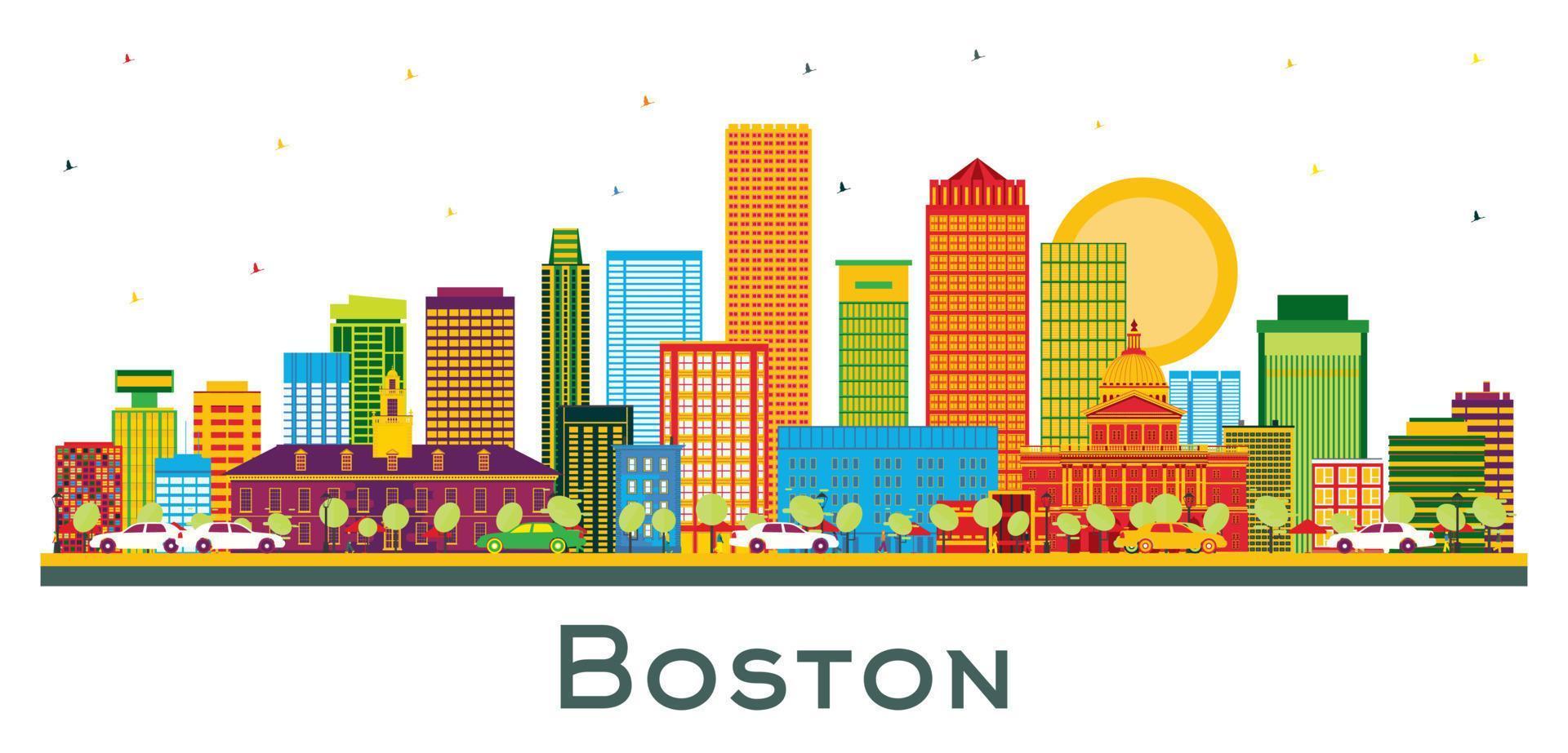 Boston Massachusetts USA City Skyline with Color Buildings and Blue Sky Isolated on White. vector