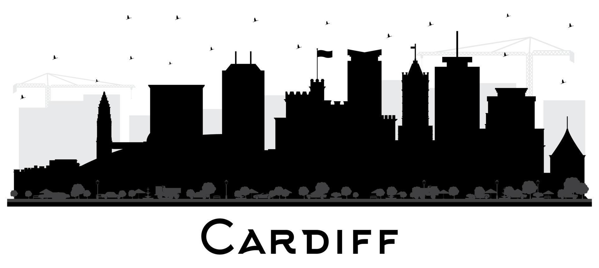 Silueta del horizonte de la ciudad de Cardiff Gales con edificios negros aislados en blanco. vector
