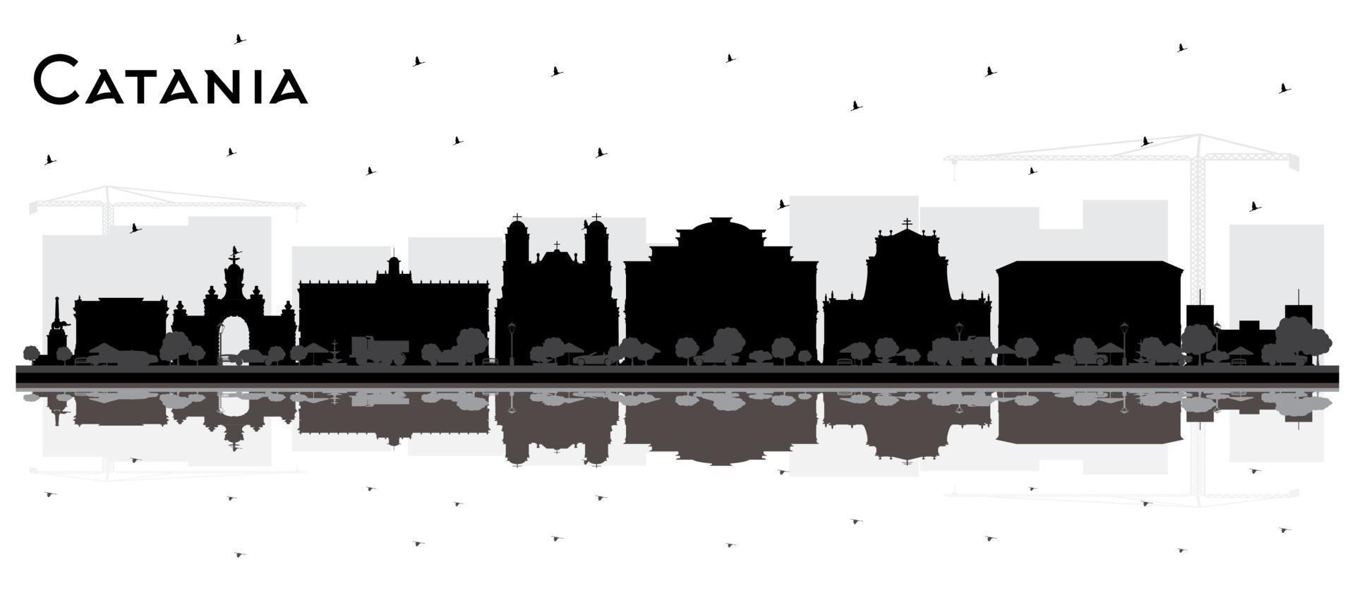 silueta del horizonte de la ciudad de catania italia con edificios negros y reflejos aislados en blanco. vector