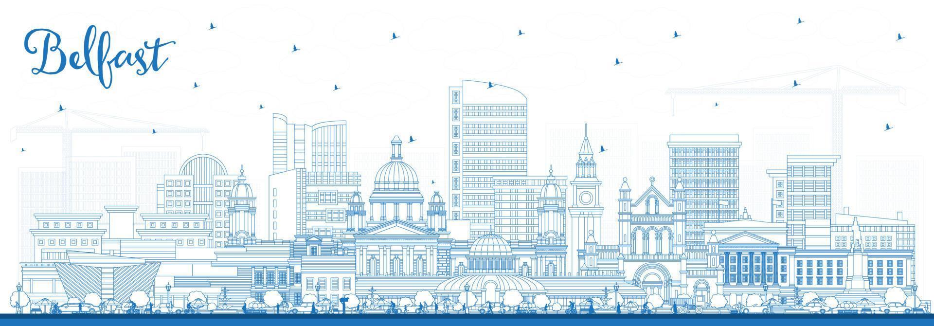 Outline Belfast Northern Ireland City Skyline with Blue Buildings. vector