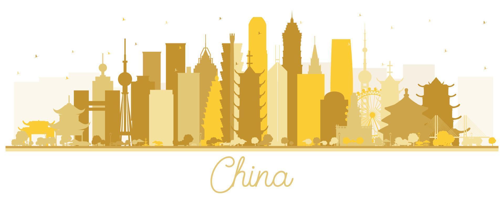 silueta del horizonte de la ciudad de china con edificios dorados aislados en blanco. vector