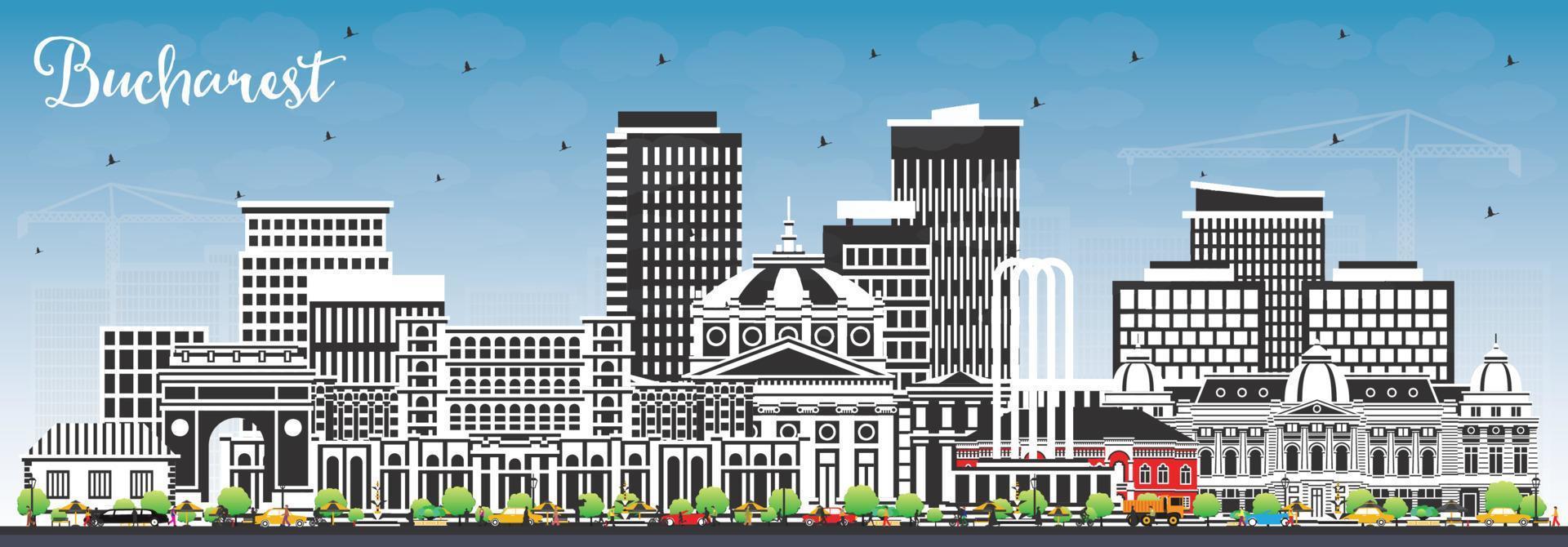 Bucharest Romania City Skyline with Color Buildings and Blue Sky. vector