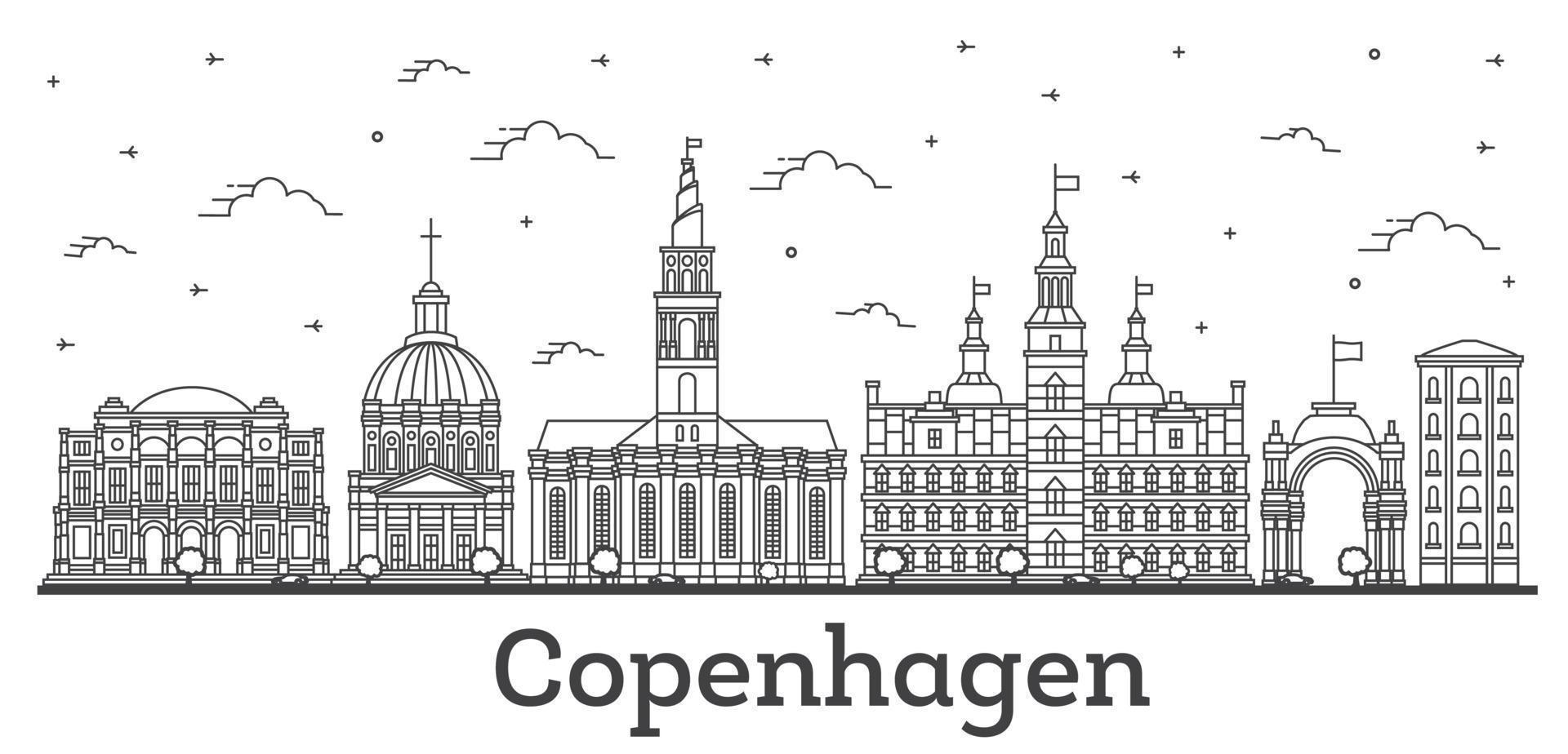 delinear el horizonte de la ciudad de copenhague, dinamarca, con edificios históricos aislados en blanco. vector