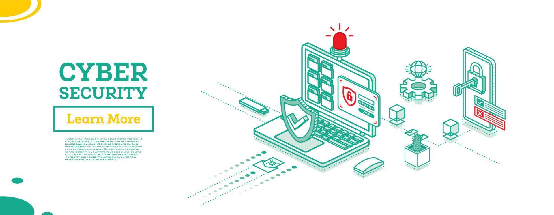 concepto de ciberseguridad. símbolo de escudo. computadora portátil isométrica y teléfono inteligente con llave insertada en la cerradura. vector