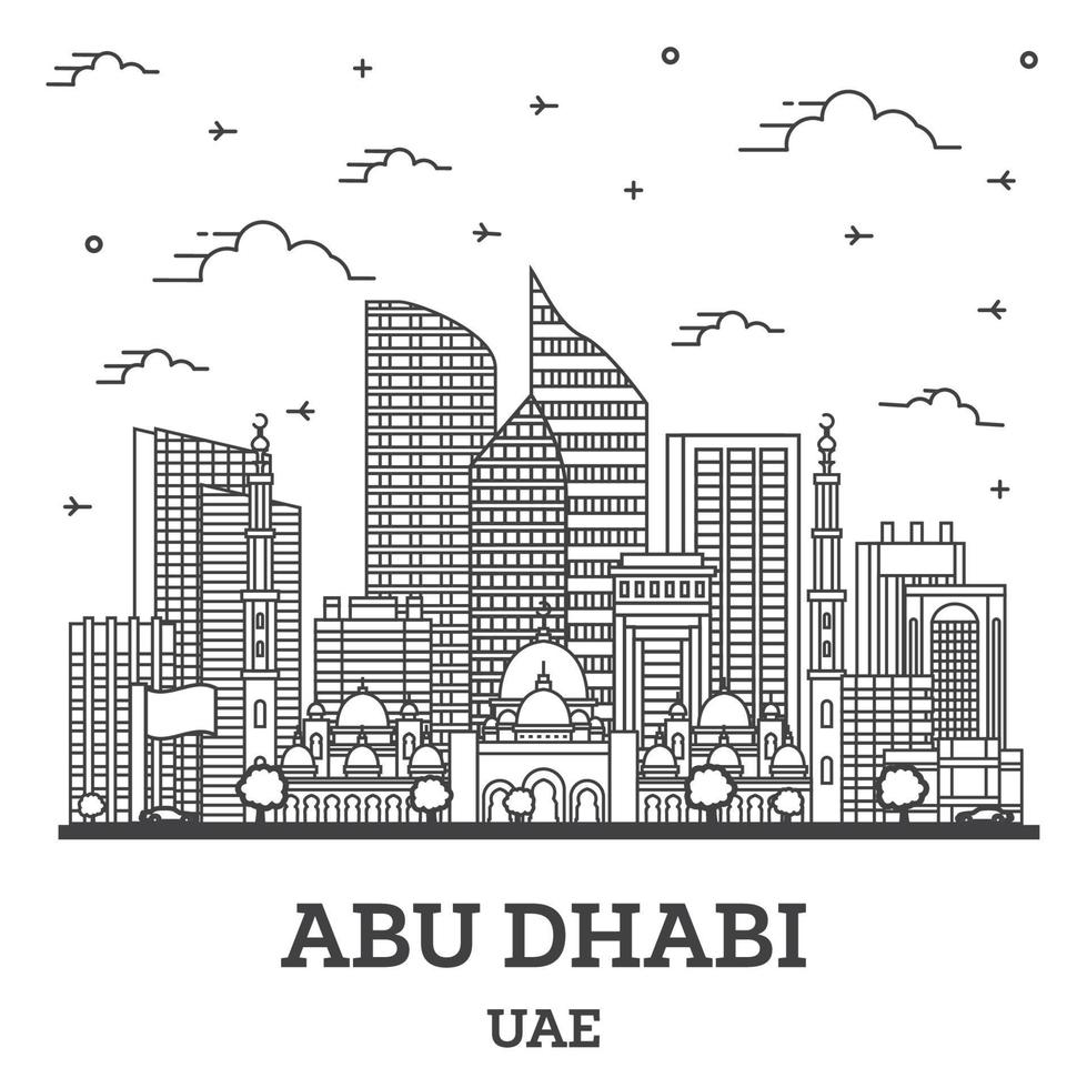 delinear el horizonte de la ciudad de abu dhabi emiratos árabes unidos con edificios modernos aislados en blanco. vector