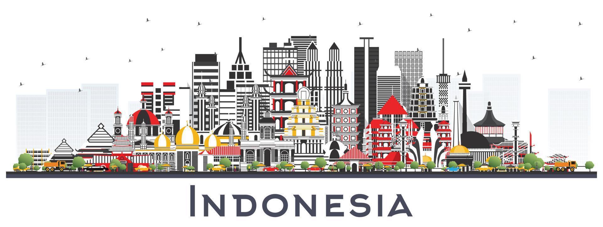 el horizonte de las ciudades de indonesia con edificios grises aislados en blanco. vector