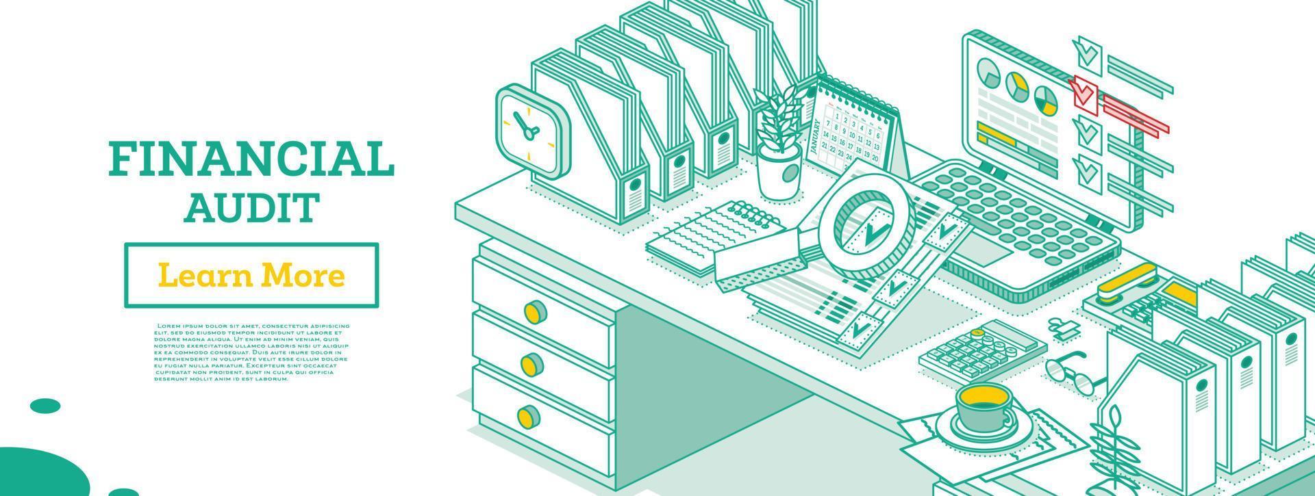 auditoría financiera. concepto de negocio isométrico. informe de impuestos de la cuenta. portátil con calendario y lupa. vector