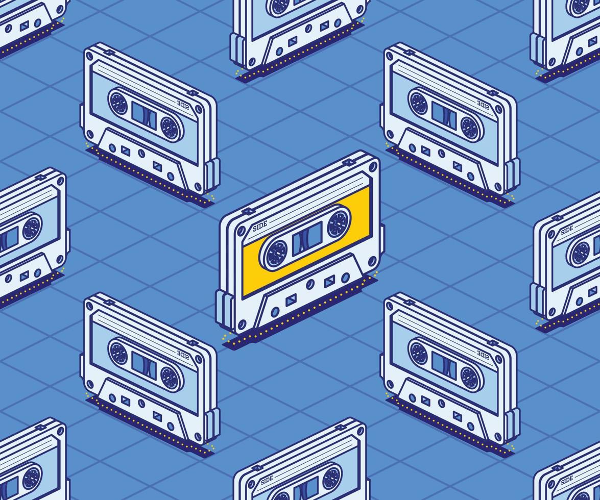 Isometric Audio Cassette Tape Seamless Pattern. Outline Music Concept. vector