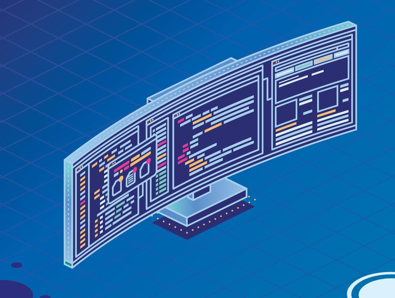 Isometric Curved Gaming Monitor with Open Web Pages and Folders. PC Computer Monoblock. vector