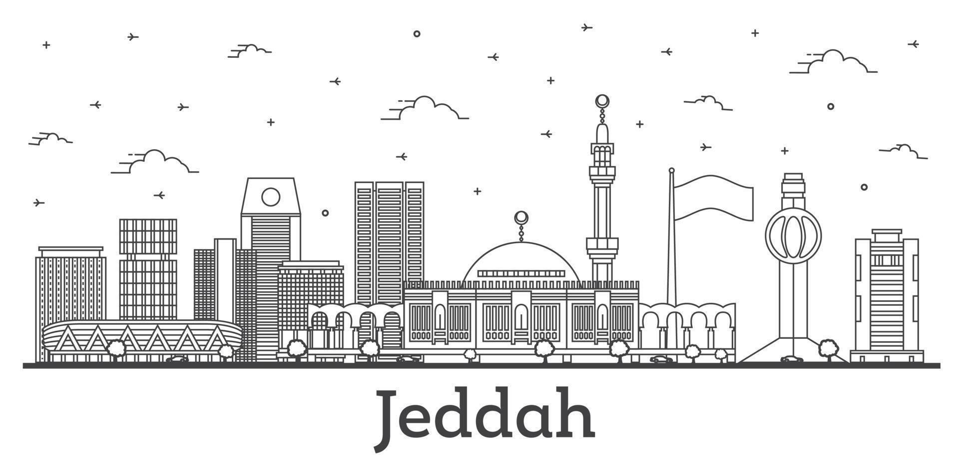 esbozar el horizonte de la ciudad de jeddah, arabia saudita, con edificios modernos e históricos aislados en blanco. vector