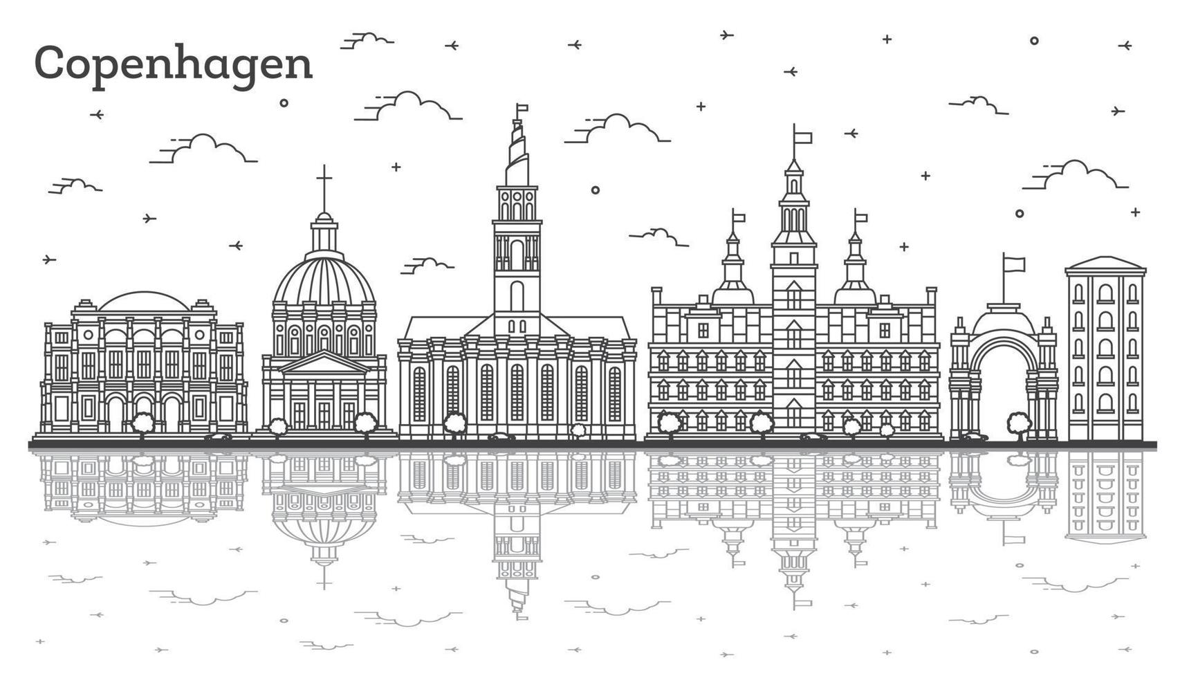 Outline Copenhagen Denmark City Skyline with Historic Buildings and Reflections Isolated on White. vector